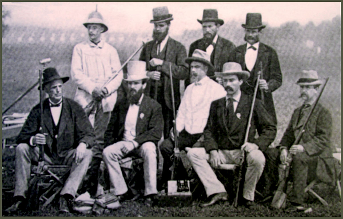 An actual photograph of the American team at the first 1874 International match at Creedmoor. It was published in the September, 1901 Outing magazine by Gen. George Wood Wingate. Front row, left to right: Col. John Bodine, Gen. G.W. Wingate, Brig. Gen. Thomas. F. Dakin, Lt. Col. H.A. Gildersleeve, I.T.B. Collins. Back row, left to right- E.S. Sanford, Lt. H. Fulton, L.L. Hepburn, G.W. Yale.